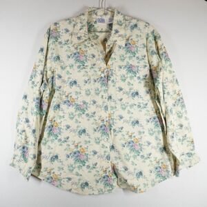VTG 80s Floral Button Up Shirt Womens XL Cream Cotton Cottagecore Western 90s
